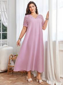 Lacomfia 大码女式夏季 V 领短袖蕾丝拼布纹理提花面料优雅休闲中长连衣裙 - 粉色 - 查看 3