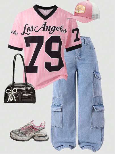 Girls' Casual Basic Vintage Sports Team Striped V-Neck Black Trim Oversized Raglan T-Shirt, Matching Mom & Sister