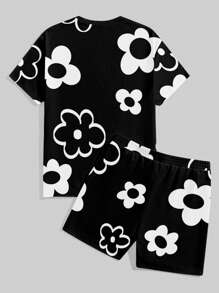 Manfinity Homme Men's Summer Casual Floral Print T-Shirt And Shorts Set Men 2 Pieces Outfits Summer, Cozy Outfits