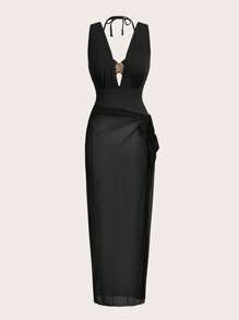 Swim Oasis 1 件女式纯色荷叶边连体泳衣，带纱笼裙，适合海滩/度假