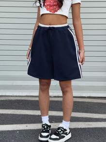 SHEIN Sporty American Street Style Campus Back To School Waistband Color Blocked Loose Shorts, Navy & White, Teen Girls - Navy Blue - View 4