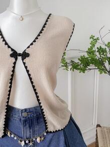 SHEIN EZwear Plus Size Women's Button Design Floral Trim Casual Sweater Knit Vest,Holiday,Summer,Going Out Tops - Khaki - View 3