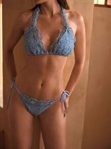 MOTF PREMIUM SUMMER BEACH GUIPURE LACE TIE BACKLESS HALTER BIKINI SET - Baby Blue - View 3