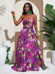 Slaydiva Vestido largo con espalda descubierta, tirantes con nudo y bajo en capas con estampado tropical sexy para vacaciones de verano para mujeres - Morado - Ver 4