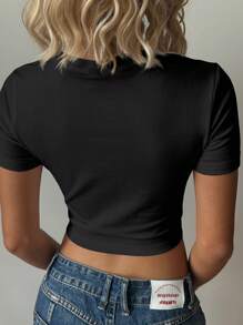 SHEIN EZwear Casual Minimalist California University Bear Graphic Round Neck Short Sleeve Crop Tight Fit T-Shirt For Women, Suitable For Summer Suitable For Going Out - Black - View 2