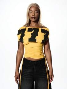 SUMWON WOMEN Off Shoulder Style Crop Top Wear Varsity Squad Dance Team Festival Fashion Streetwear Urban Aesthetic Fall