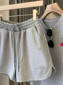 INAWLY 2pcs/Set Women Cherry Print Round Neck Short Sleeve T-Shirt And Shorts