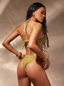 Hauture Summer, Green Jersey Contrast With Sparkling Bikini Top - Mustard Yellow - View 5