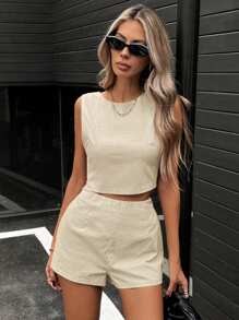 Siren Gaze 2 件套女士夏季休闲纯色露背打结短款上衣和短裤套装 - 卡其色 - 查看 10