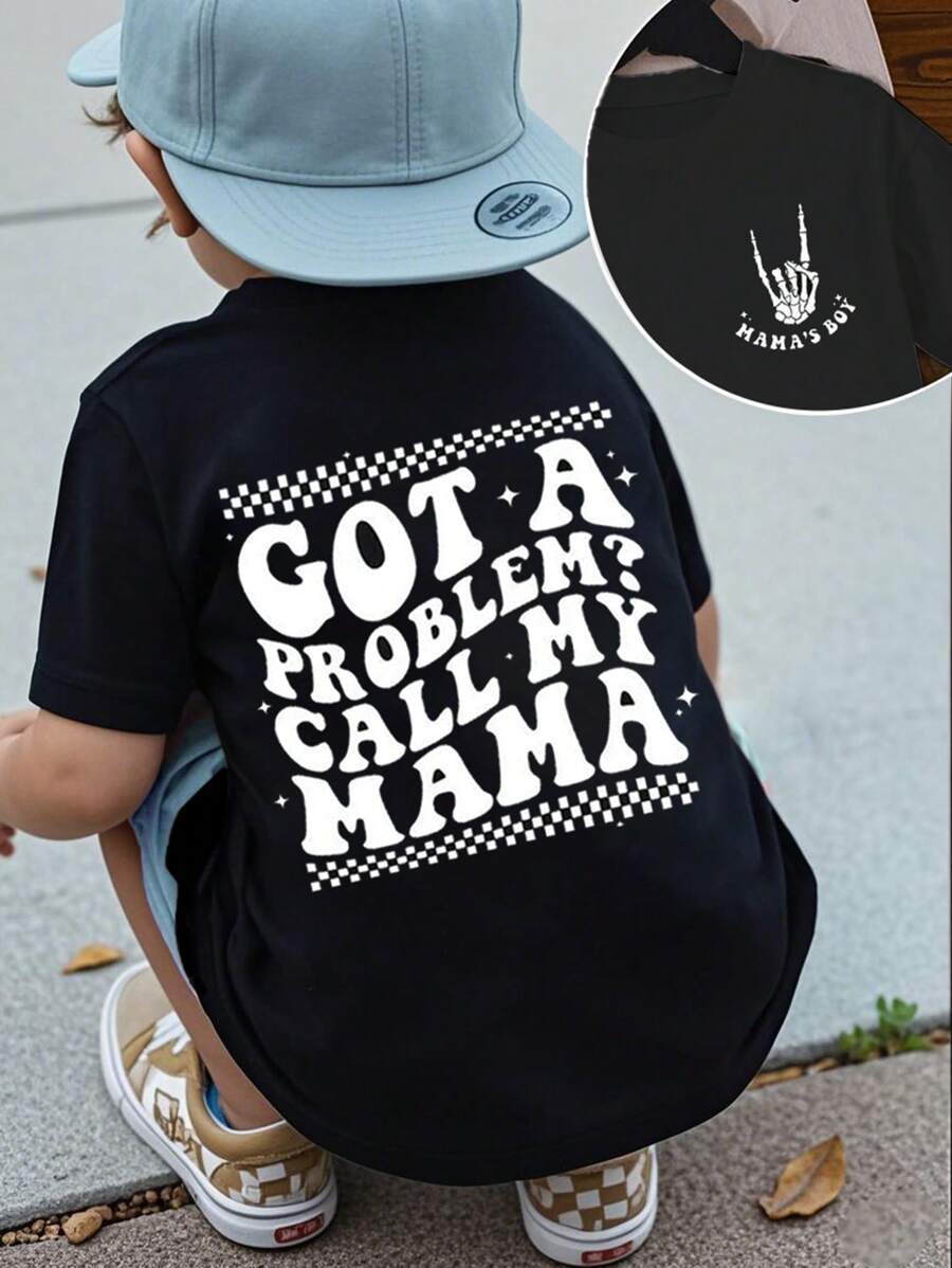 SHEIN 男宝宝休闲卡通可爱食尸鬼脸和字母标语印花短袖T恤 - 黑色 - 查看 1