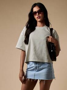 MISSGUIDED 休闲宽松条纹 T 恤罗纹短款上衣周末夏季春季日常衣橱必备 - 彩色 - 查看 5