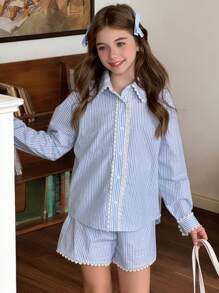 DAZY 2pcs/Set Tween Girls Lace Patchwork Stripe Print Long Sleeve Top And Shorts Set - Blue - View 5