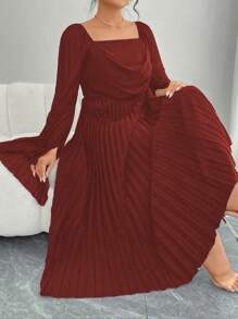 Modelyn Damen Plissee Taille Passform & Flare elegantes Pendler Große Größen Kleid mit quadratischem Ausschnitt und Langarm - Gebrannte Orange - Übersicht 4