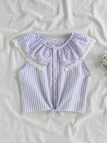 SHEIN Tween 女童蓝白条纹休闲百搭风格无袖圆领宽松衬衫，数码印花面料，适合居家 - 紫色 - 查看 1