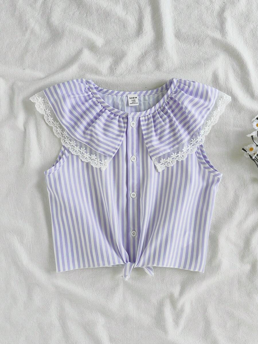 SHEIN Tween 女童蓝白条纹休闲百搭风格无袖圆领宽松衬衫，数码印花面料，适合居家 - 紫色 - 查看 1