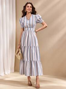 Almamuse 女式休闲长款条纹印花V领短袖连衣裙 - 彩色 - 查看 6