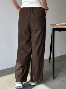 FRIFUL Women's Casual Solid Color Drawstring Waist Straight Leg Pants - Brown - View 3