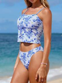 Swim Mod Women Conservative Crisscross Strap High Waist Removable Strap Printed Tankini Swimwear 2 Pieces Set, Casual Beach Vacation For Summer - Multicolor - View 3