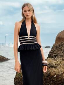SHEIN Unity Beaded Strap V-Neck Vacation Style Women Tank Top - Black - View 6