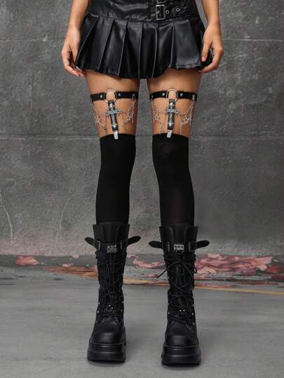 Goth 2 Pieces Women's Garter Belt With Black Chain, Five-Pointed Star, Hollow Cross Decor, Gothic Style Leg Garters For Dress, Skirt, Everyday Versatile