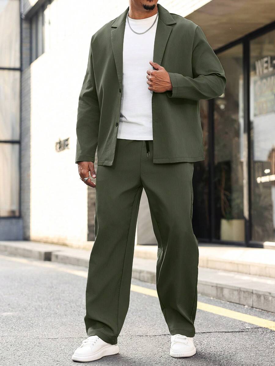 Manfinity Homme Übergröße Herren Einfarbiges Revershals-Raglanärmel-Freizeitjacken- und Hosen-Set, Herbstkleidung, gemütliche Outfits