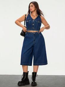 SHEIN EZwear 大码女式夏季酷炫辣妹牛仔夹克 - 深色水洗藍 - 查看 1