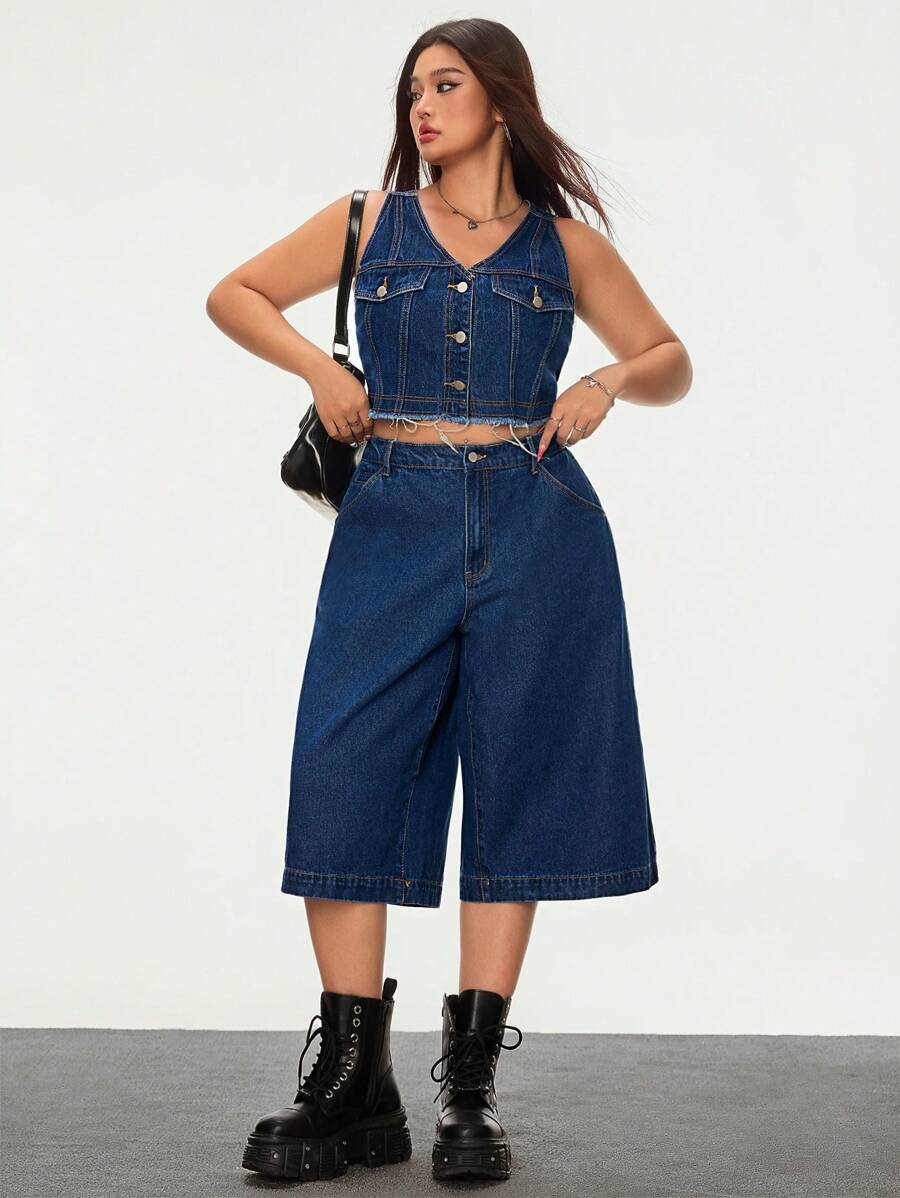 SHEIN EZwear 大码女式夏季酷炫辣妹牛仔夹克 - 深色水洗藍 - 查看 1