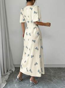 Modelyn 春夏款A字收腰印花短袖连衣裙 - 藍色 - 查看 2