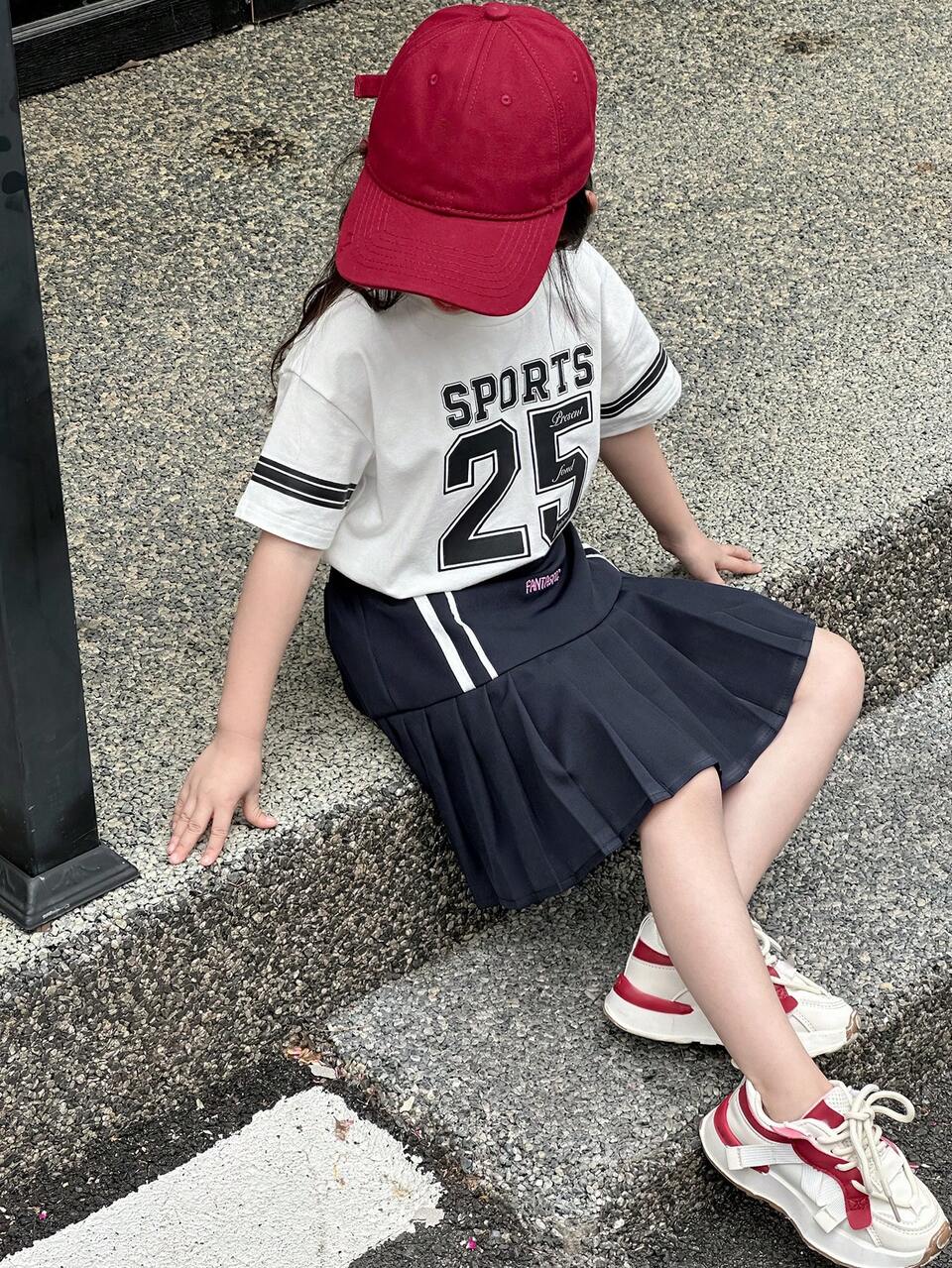 2pcs/Set Young Girl Letter Print T-Shirt & Pleated Skirt Set, Autumn Young Girl Clothes