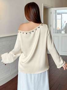 Dazy Plus 1pc Loose-Fit Solid Color Asymmetircal Neck Shell Decor Long Sleeve Blouse - Apricot - View 2