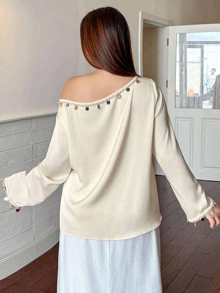 Dazy Plus 1pc Loose-Fit Solid Color Asymmetircal Neck Shell Decor Long Sleeve Blouse