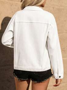 Breezaya Áo khoác denim túi đơn giản tay dài cho nữ - trắng - Xem 2