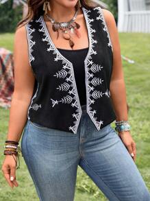 EMERY ROSE 加大码女式西式刺绣开襟背心夏季西式服装、秋季、乡村音乐会、西部、波西米亚风、音乐会、秋季 - 黑色 - 查看 3