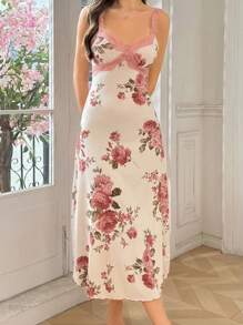 SHEIN Váy ngủ dài dây mảnh in hoa ren màu tương phản cho nữ - Hồng - Xem 5