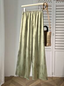 Elamini Women's Satin Tie-Dye Print Drawstring Waist Loose Leg Pants Fall Cloth For Women - Green - View 2