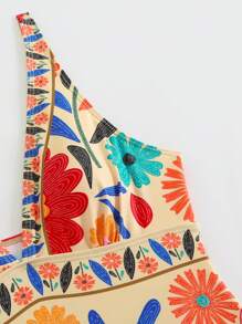 Swim Oasis 1pc Plus Size Women Vintage Floral Print One-Piece Swimsuit, Casual Daily Style For Summer