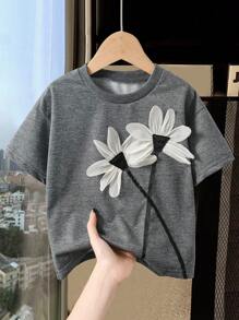 Genkimix Kids 年轻女孩百搭时尚上衣，创意 3D 花卉装饰圆领短袖 T 恤，夏季 - 深灰色 - 查看 3