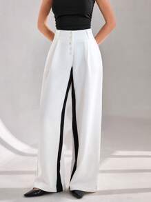 CLARA VERO Pantalón de pierna ancha con botones en la cintura alta, pantalón con paneles de contraste blancos, pantalón de bloques de color de diseñador, pantalón de pierna ancha de dos tonos elegante, pantalón de colección de ropa formal, colección de pierna ancha de alta moda, pantalón de ropa de noche sofisticada, pantalón de colección de diseñador de lujo, pantalón de declaración de uso profesional