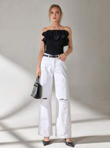 Solid Y2k Cotton Ruffle Trim Tube Top - Black - View 6