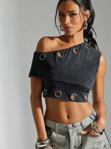 Denimoi Asymmetrical Neck Eyelet Hardware Crop Top - Black - View 5