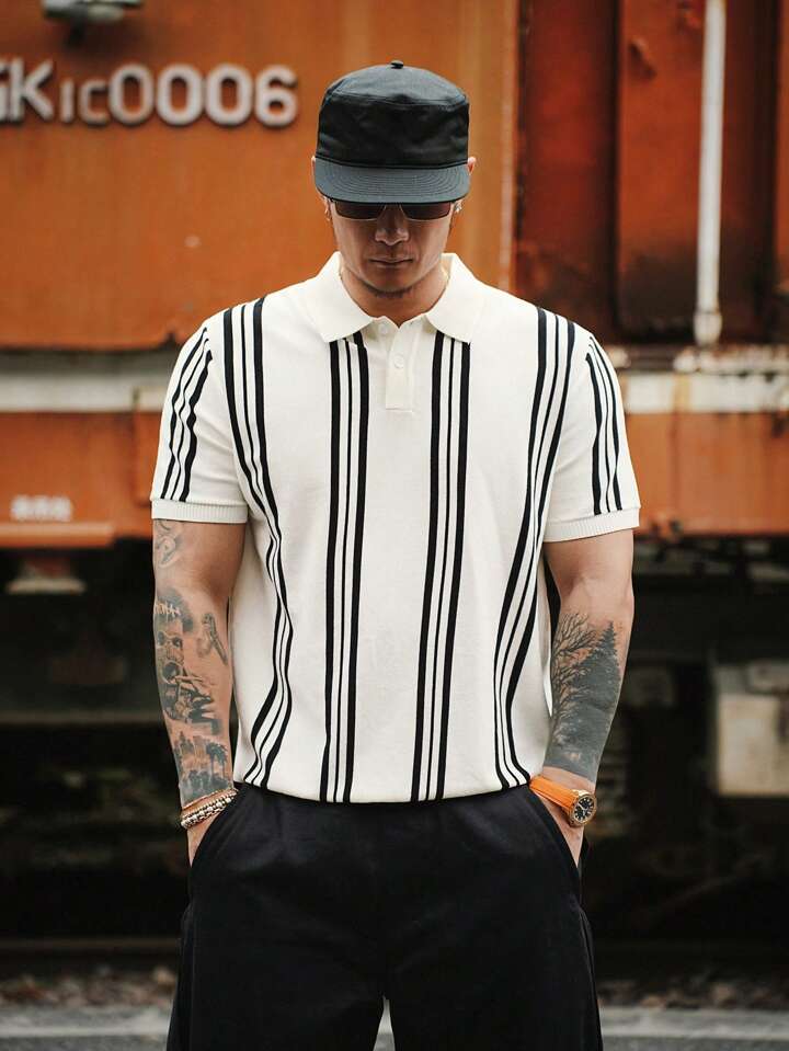 Black & White ストライプ ポロシャツ レトロジャガードストライプ ルーズニットポロシャツ MONO-MART