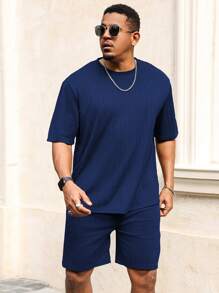 Manfinity Homme 2pcs/Set Plus Size Men Summer Solid Color Round Neck Short Sleeve T-Shirt And Shorts Casual Outfit