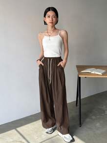 FRIFUL Women's Casual Solid Color Drawstring Waist Straight Leg Pants - Brown - View 2