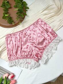 سراويل داخلية قصيرة ذات خطوط متقاطعة وأزهار صغيرة مطرزة بالدانتيل للأطفال - وردي - مشاهدة 1