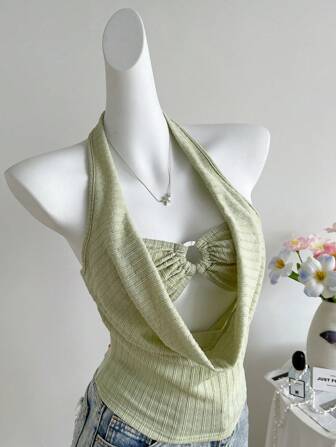 Elamini Yellow Stripe Textured Fabric Starfish Metal Decor Hollow Neck Tie Open Back Tight Short Crop Top, Simple Casual Elegant Romantic Versatile Daily Wear, Suitable For Summer Vacation, Beach, Afternoon Tea