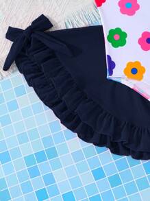 SHEIN 2件套纯色碎花针织连体泳衣（含裙子），适合小女孩 - 藍色 - 查看 7