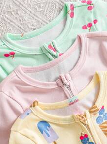 3 件套女婴可爱数码印花冰淇淋和纯色/数码樱桃连体衣短袖拉链连体衣配短裤，适合春夏季的舒适休闲装 - 彩色 - 查看 4