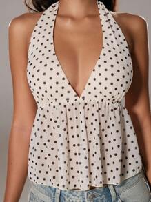 TRNVIE Polka Dot V-Neck Halter Women's Tank Top, Elegant Style For Spring/Summer