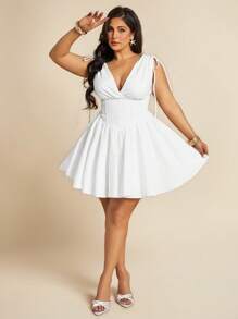 SHEIN BAE Đầm dự tiệc bồng bềnh cổ chữ V có dây rút vai cỡ lớn cho nữ, màu trắng, váy dự tiệc sinh nhật - trắng - Xem 7