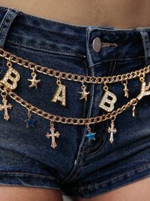 ROMWE J-Fashion 1 pieza Cadena de vestido para la cintura con decoración de letra de cristal y estrella, versátil para uso diario, color dorado